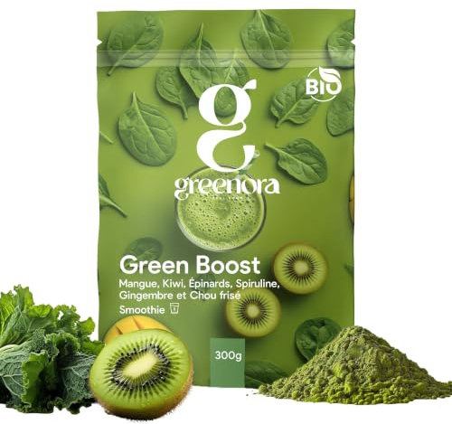 GREENORA Polvere di Spirulina, Spinaci, Zenzero, Cavolo Riccio, Mango e Kiwi per Smoothie. Frutta e Verdura Liofilizzata 100% Naturale. Vegan. 300g