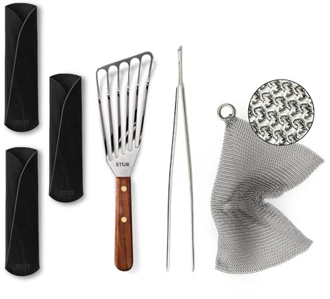 STUR Pro-Set Kochzubehör, 3x Griffschutz, Pfannenwender & Ringreiniger | für Rechtshänder, Kochpinzette, Küchenzubehör Bundle für Gusseisenpfannen, robust & langlebig, Made in Germany
