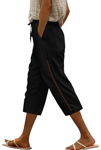 Voqeen Leinenhose Damen Kordelzug Elastische Taille 3/4 Caprihose Damen Sommer Leichte Dreiviertel Hose Mit Taschen Lässige Palazzo Hose Hohle Stoffhose für Frauen