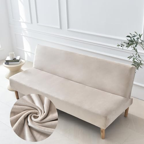 Surwin Velvet Sofabezug ohne Armlehnen Stretch Armlose Sofabettüberzug Winter Warm Clic Clac Sofahusse Schonbezug Protector für Klappcouch Schlafsofa mit 2-3 Sitzplätzen (Beige,190-210cm)
