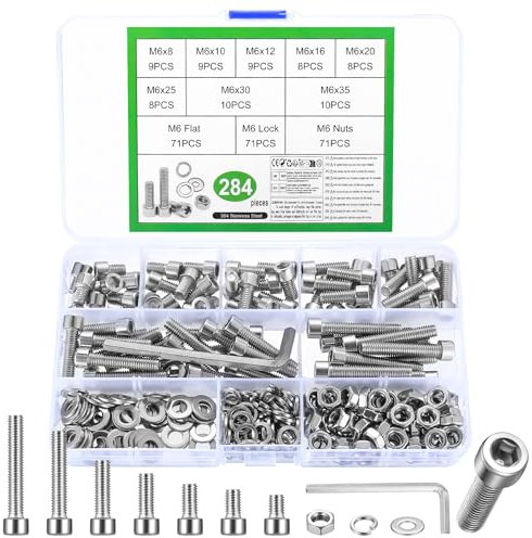 284 PZ Set di Viti M6, Bulloni e Dadi Kit in Acciaio Inox, Viti a Testa Esagonale con Rondelle - Kit di Assortimento