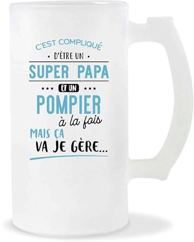 Verre à Biere Verre à Bière Super Papa et Pompier | Chope de Bière Pinte | Idée Cadeau Père Incendie Secours Humour Original Anniversaire Noël Fête des Pères