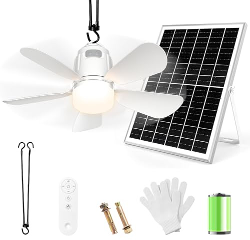 Gliztech Solar Ceiling Fan Light, 20000mAh Portable Gazebo fan with 30W Solar Powered Fan with Remote Control, Outdoor Ceiling Fan with Light for Patios, Canopy, Shed, RV, Porch and Chicken Coop