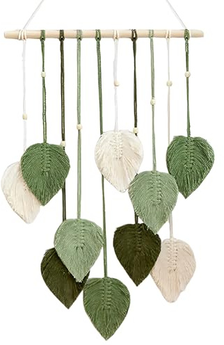 SNSYGN Makramee Wandbehang, Boho Makramee Girlande Handgefertigte Wandteppich Kinderzimmer mit Holzperlen und Grün Blätter Wanddeko für Wohnzimmer, Schlafzimmer, Balkon, Kinderzimmer