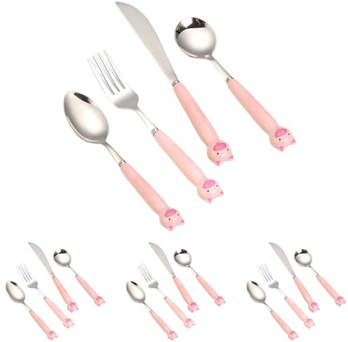 Cartone Animato Animale Ceramica Manico Cucina Acciaio Inox Argenteria Stoviglie Posate Set Bistecca Coltello Forchetta Cucchiaio Cucchiaino (Maiale carino,16 pezzi)