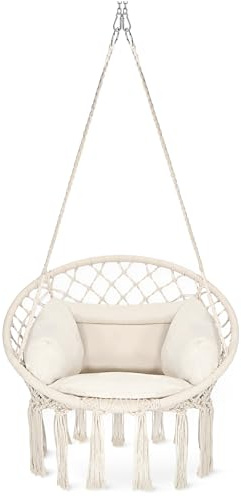 4FIZJO Hängesessel Boho mit Kissen, Makramee hängesessel, Garten schaukel, Hängekorb, Schaukelkorb, Therapieschaukel Kinder, Hängesessel Indoor & Outdoor, Hängesitz, Maximale Belastung 125 kg, Beige