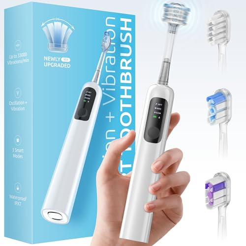 SYNHOPE Brosse à dents sonique oscillante à 60° – 33 K RPM Power Clean, amplitude de swing unique de 60 °, 3 têtes de brosse, étanchéité IPX7 – Blanchiment des dents et amélioration de la santé des