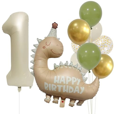 Dino Geburtstagsdeko 1 Jahr, Deko-Set mit Folienballons & Luftballons für Jungen & Mädchen, 1. Geburtstag Dinosaurier Motive, Happy Birthday Party Dekoration