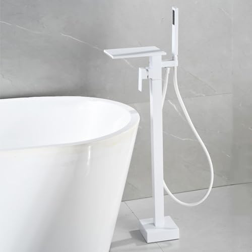 Wasserfall Freistehende Badewanne Armatur mit Handbrause Einzelloch Wannenarmatur Wasserfall aus Messing,Weiß