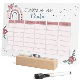 Nord-Kind® Acryl-Stundenplan personalisiert, abwischbar – Regenbogen 1 | Mit Wunschname, 30 × 21 cm, inkl. Whiteboard-Stift; für 1. Klasse, Grundschule und Einschulung; optional mit Holzsockel.