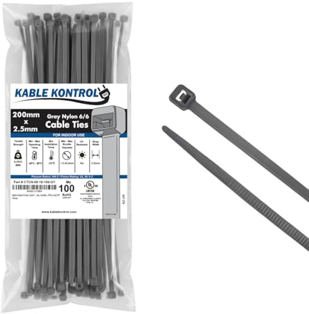 Kable Kontrol Graue Kabelbinder, 200 mm x 2,5 mm, 100 Stück, 8 Zoll Premium Nylon Kabelbinder, Mehrzweck-Kunststoffbinderwickel, sicherer Selbstverriegelungsmechanismus, für Haus, Garten, Büro und