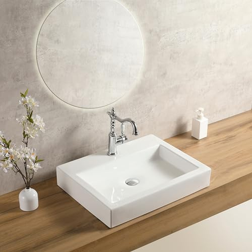 FARMMLIFXE 24 x18 Inch Rectangular White Bathroom Vessel Sink, Above Counter Porcelain Ceramic Sinks,Vanity Lavatory Bath Countertop Bathroom Sinks Bowl Basin with Faucet Hole(LA-4427)