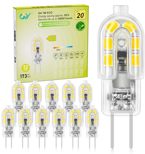 GY Bombilla G4 Led AC/DC 12V 1W, Led G4 Equivalente a 20W Bombilla tradicional, Blanco Cálido 3000K 173 LM, Clase C, No Regulable, No Apto Para Entornos Con Altas Temperaturas, Pack de 12