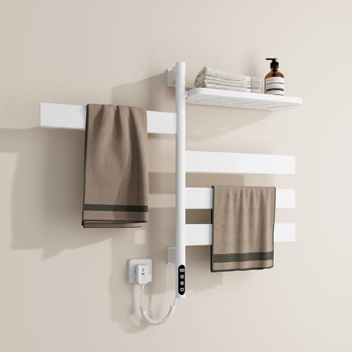 EMKE Portasalviette Riscaldato elettrico con Ripiano, Bianco brillante 120W | Scaldasalviette Intelligente WiFi,Scaldasalviette Elettrico da Bagno girevole a 180°