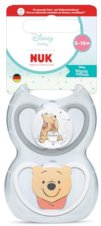 NUK Perfect Match Air nappflaskor för bebisar | 6-18 månader | Ortodontiska nappar som främjar luftflöde och förhindrar dregelutslag | 95% acceptans hos bebisar** | Nalle Puh | 2 stycken