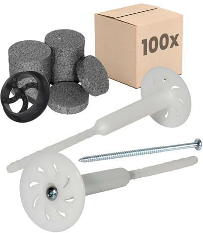 PROTEKTOR 100x tasselli per cappotto Set Ø8x240mm premontata (+ 200x Rondelle + 1 Fresapolistirolo) per fissaggio pannelli isolanti termici con vite in acciaio zincato