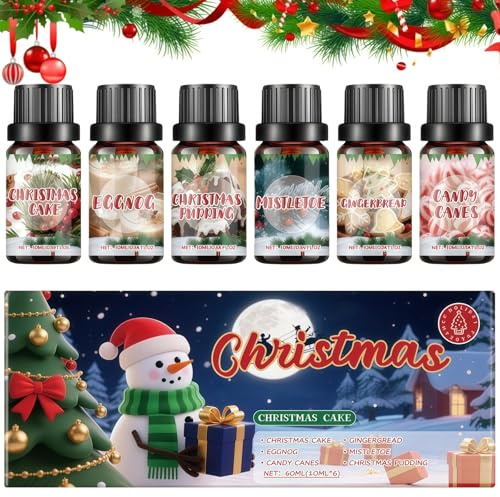 6PCS Christmas Esse/ntial Oils Set,Scented Gift Set,Festive Fragrance Oil for Diffuser,Candle & Soap Making,Holiday Esse/ntials for Home Scent,Vanilla,Apple, Cinnamon,Cranberry,Cedar,Chocolate Scent