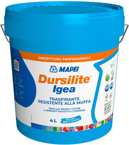 MAPEI Dursilite Igea, Idropittura Traspirante Antimuffa per Interni, Bianco, Resistente all'Umidità, Opaca, Lavabile, per Bagni e Cucine (4 Litri)