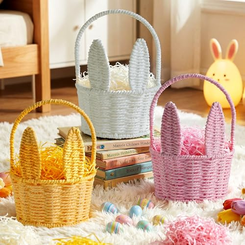 Lanpn Easter Bunny Basket 3 Pcs Handmade Paper Woven Baskets Cute Pink White Yellow Ideal for Children Egg Hunts Sweets Gifts Picnic Basket Lightweight Reusable Spring Easter Décor