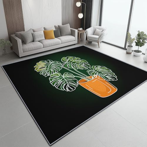 Generico Tappeto Per Soggiorno Lavabile In Lavatrice, Antiscivolo Arte Digitale Piante Monstera Deliziosa Linee Per Camera Da Letto - Sala Da Pranzo (Nero,60 x 90 cm)