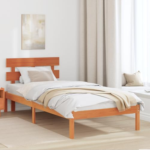 JHQHSM Telaio del letto in legno massello con testiera in marrone cerato, 75 x 190 cm, in pino per individui, design moderno con finitura calda, facile da montare senza molle, stabile