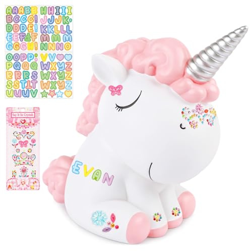 Briuhap Einhorn Spardose Kinder, Sparbox zum Sparen Lernen, Rosa | Mit DIY Buchstaben- und Glitzersticker, Robuster Kunststoff, Kreatives Sparen Lernen, Geburtstagsgeschenk für Mädchen
