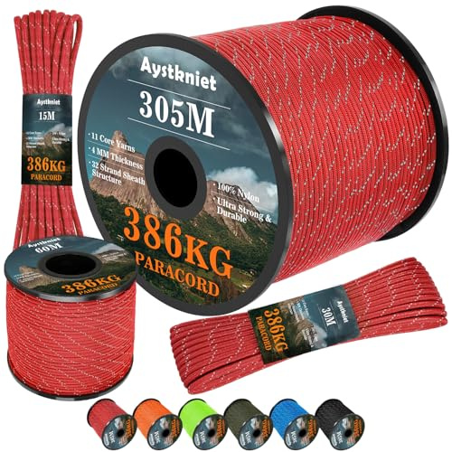 Aystkniet Reflektierendes Paracord, 4mm Paracord Seil mit 11 Kern, Max. 386kg, 15/30/60/305m Reißfest Allzweckseil für Outdoor Wandern Camping Survival Basteln