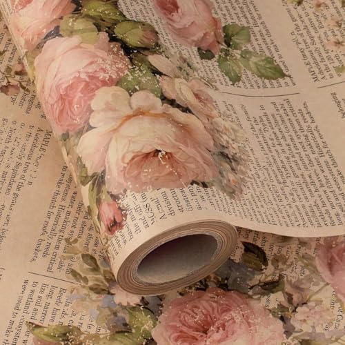 RUSPEPA Kraft-Geschenkpapier im Vintage-Blumenstil – Mini-Rolle – 43,2cm x 5m – Rosa Retro Rosen-Briefdruck Zeitungs-Kraft-Geschenkpapier für Geburtstage, Hochzeiten, Brautpartys, Jubiläen