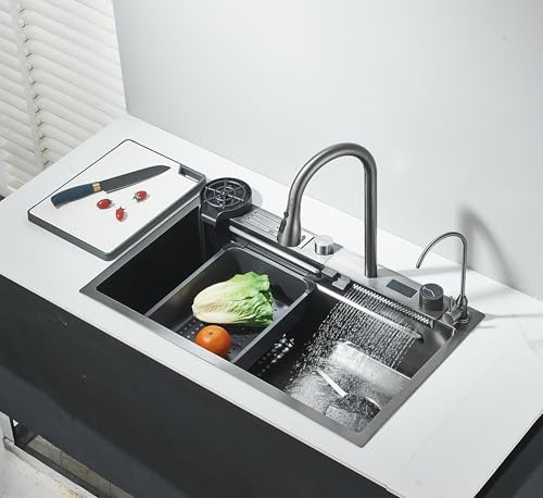 ZAMERY Evier de cuisine Noir Acier inoxydable Evier de cuisine avec Robinet Extensible Set de Robinetterie Machine à Laver Les Tasses Planche à découper Eau Pure Affichage de La Température