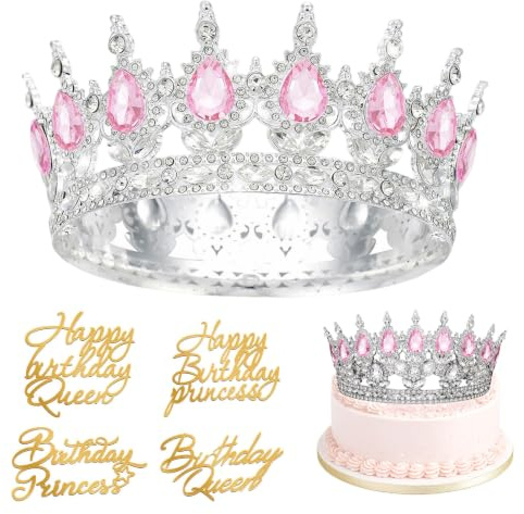 1 styck födelsedagskrona för flickor, krona för tårta, med 4 Happy Birthday-tårtdekoration, tårttoppar, för födelsedag, bröllop, förlovningar och speciella tillfällen (silverpulver)