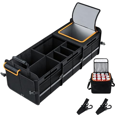 Zephviora Kofferraum Organizer XXL mit Deckel, 126L Faltbarer Auto Organizer mit 24L Kühltasche, Verstärkte und Rutschfeste Kofferraumbox 6 Fächern für Auto, SUV, Wohnmobil, Camping, 89 x 35 x 30cm
