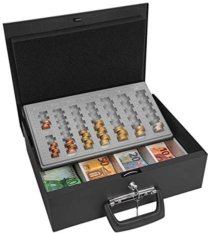 Wedo 150100801 Geldzählkassette Universa (aus Stahlblech, für Hart- und Papiergeld, mit zwei Tragegriffen und 4-Fächereinsatz für Geldscheine, 35,5 x 27,5 x 10 cm) schwarz