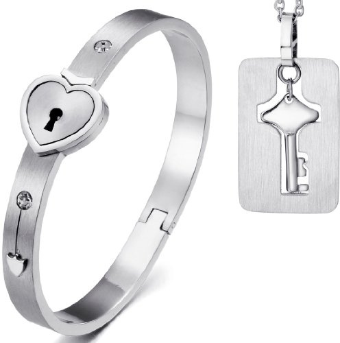 JewelryWe Schmuck 2pcs Armband Halskette Pärchen Schmuckset, Edelstahl Herz Sperren Armreif & Schlüssel Hundemarke Dog Tag Anhänger Kette Set Valentinstagsgeschenk für Herren Damen