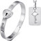 JewelryWe 2pcs New Stainless Steel Silver Heart Lock Love Bangle Bracelet & Key Tag Pendant Necklace Set