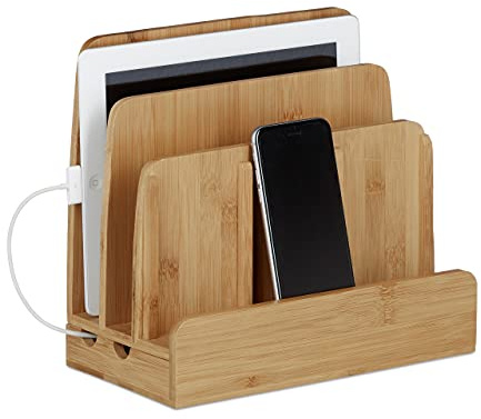 Relaxdays Station d'accueil bambou smartphone téléphone portable organiseur bureau 3 niveaux bois HxlxP: 23 x 25,5 x 13,5 cm, nature