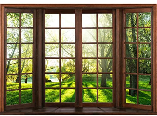 Runa Art Fototapete Fenster Landschaft Modern Vlies Wohnzimmer Schlafzimmer - Made in Germany - 308 x 220 cm Grün Braun 9383010a