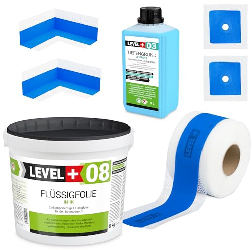 Dichtset 8 Kg Flüssigfolie, 2 Innenecken, 2 Wandmanschetten, 5m Dichtband | Tiefengrund 1 L Abdichtungsset Bandset Dusche Bad Küche SET322