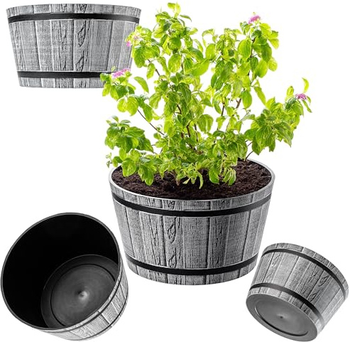 KADAX Ø40 cm – Pot de Fleurs en Plastique pour intérieur et extérieur, Cache-Pot Imitation Bois, Design tonneau élégant (Gris Clair)