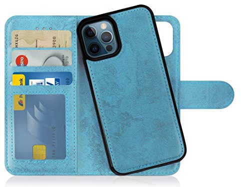 MyGadget Flip Case für iPhone 12 | 12 Pro - [ abnehmbare Magnet Hülle ] - Handyhülle aus Kunstleder - [ Klapphülle mit Kartenfach ] Schutzhülle in Hellblau