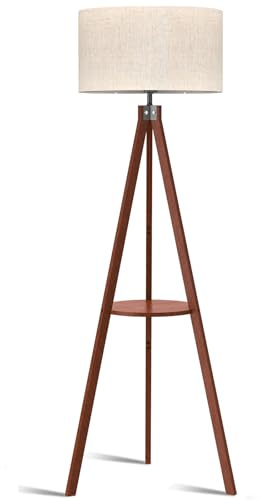 LEPOWER Tripod Floor Lamp, Mid Century Wood Standing Lamp, Modern Design Shelf Floor Lamp for Living Room, Bedroom, Office, Flaxen Linen Shade with E26 Base Brown