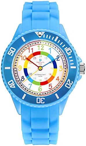 Alienwork Kids Montre Pédagogique Apprendre l'Heure Enfants Garçon Fille Bleu Clair Bracelet en Silicone Multicolore Enfants Résistant à l'eau 5 ATM Temps d'apprentissage