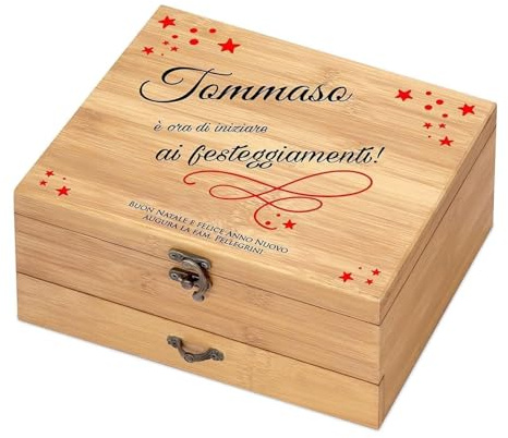 Maverton Accessori da vino La Dedica, Set Natalizio di Cavatappi da Vino | Personalizzato, Scatola in legno di bambù + 8 pezzi di Accessori Vino, regali di Natale, Festeggiamenti
