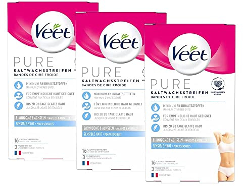 Veet Kaltwachssstreifen Easy-Gelwax Technology für die Bikinizone & Achseln - 3 x 16 Stück