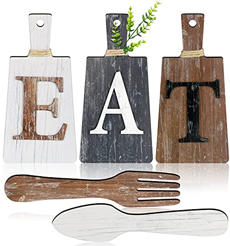 Eat Schneidebrett-Set, Motiv: Eat de Küche, hängend, Wanddekoration, Gabel und Löffel, rustikale Küchendekoration für primitive Bauernhöfe (weiß, grau, schwarz, braun)