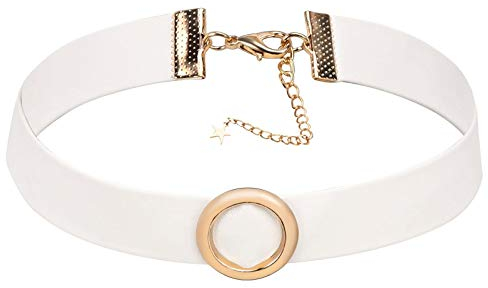 Gualiy Halskette Leder O-Ring Stern Form Anhänger Rock Hoker Gothic Halsband Halsschmuck Weiß Silber 32.5CM
