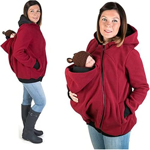 Babybärare jacka 2 i 1 fleece dragkedja känguru moderskap huvtröjor babybärare huvtröja jacka kvinnor gravid topp baby bär babyhållare fleece huvtröja baby bärare, Röd, M