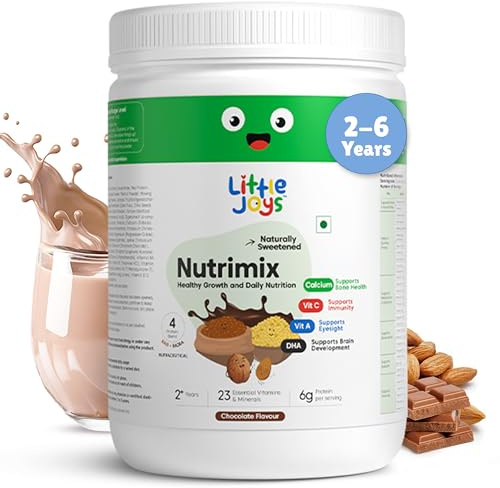 Little Joys Cioccolato Nutrimix 350 g in polvere, 2-6 anni, senza zucchero raffinato, 24 vitamine e minerali essenziali, 5 g di proteine per porzione, supporta la salute generale e aumenta l'immunità