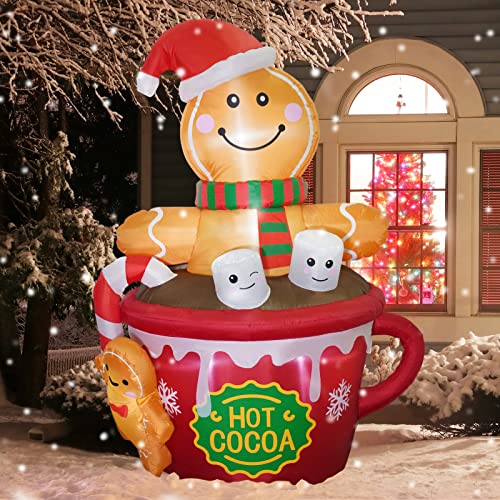 Funflatable 6 FT Christmas Inflatable Outdoor Decoration, Cute Gingerbread Man in Hot Cocoa Mug Scene, Red and White, LED Light