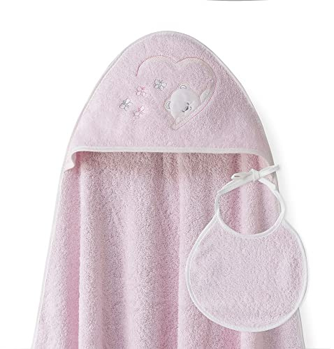 Interbaby - Capa de Baño Bebe Rosa + Babero | Toalla Bebe con Capucha 100% Algodón, 100x100cm, Unisex | Suave, Cómoda, Ideal Recién Nacidos, Bebes y Niños Pequeños | Diseño Oso Mariposas
