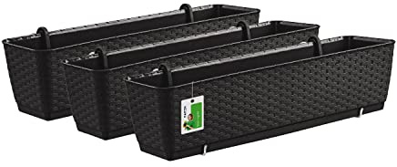 3X Blumenkasten Blumentopf 10L mit Halterungen - 585 x 145 x 155 mm - Rattan-Optik Pflanztopf Balkonkasten Pflanzkästen Befestigungshaken, Umbra